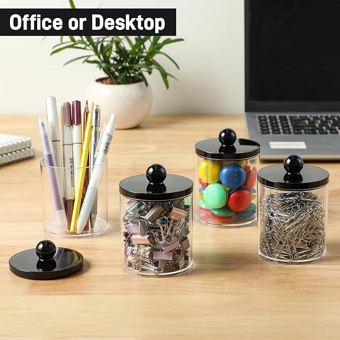6 Pack Acrylic Qtip Holder Dispenser for Cotton Swabs, Balls, Pads, Floss - Plastic Canister Apothecary Jar Set, Bathroom Essentials Accessories Decor Vanity Makeup Storage Organizer - Clear & Black