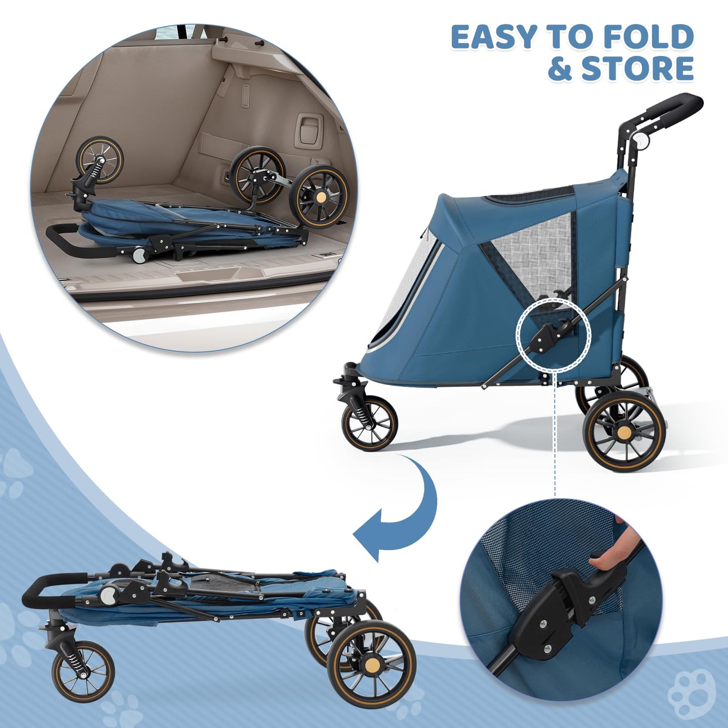 Magshion Pet Stroller for Medium Dogs w/Adjustable Handle, 3-Wheel Dog Cat Wagon w/Dual Entry, Rear Storage, Breathable Mesh, One-Foot Brake, Ideal for Large Pets up to 55 lbs, Navy Blue