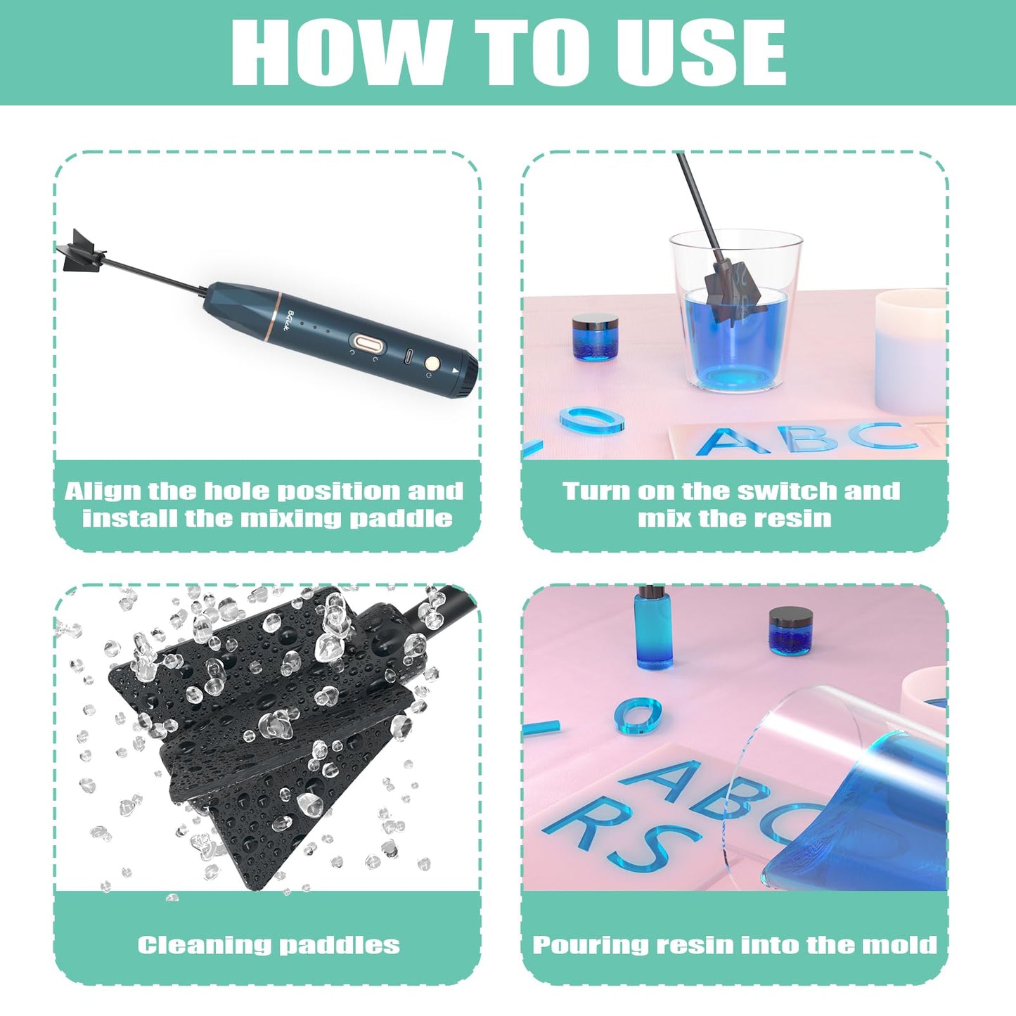 Upgraded Resin Mixer, Handheld Rechargeable Mixer with Minimizing Bubbles,Epoxy Resin Mixer for Resin, Silicone Mixing, Resin Molds, DIY Crafts (Included 4 pcs Paddles) (Blue)