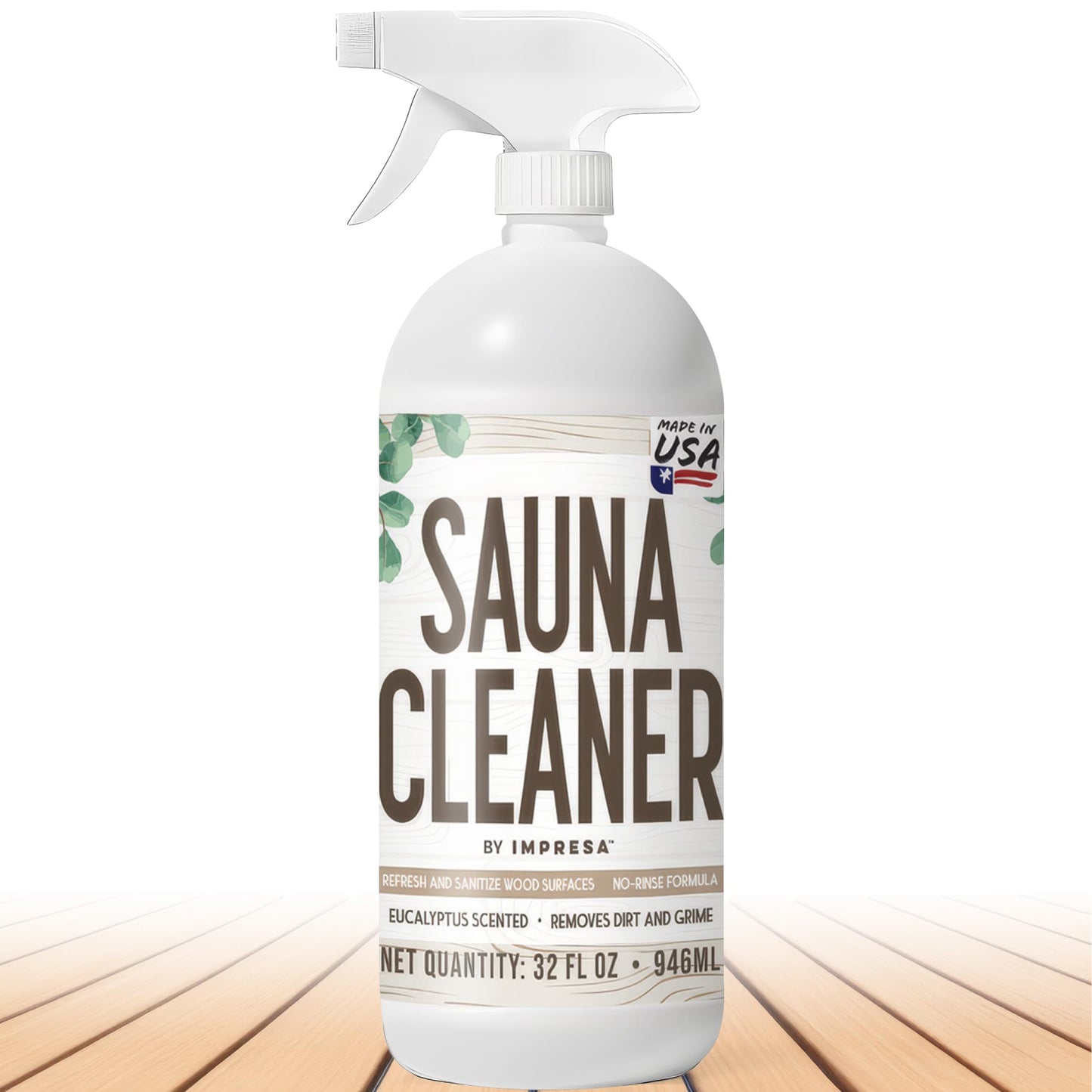IMPRESA 32oz Sauna Cleaning Spray – All Purpose Eucalyptus Wood Cleaner Spray for Home Sauna, Spa, Steam Room & Gym – Natural Multipurpose Surface Cleaner Bottle – Gentle Ingredients Tough on Grime