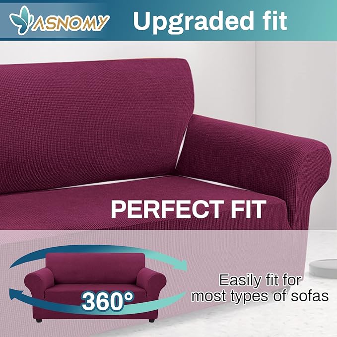 Asnomy Sofa Covers for 2 Cushion Couch Stretch loveseat Covers Slipcovers, Pet Protector Furniture Covers for Dogs Cats Spandex Jacquard Fabric Small Checks （Medium，Wine Red）