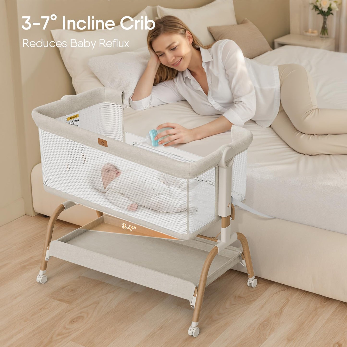 Baby Bassinet Bedside Crib, 3-in-1 Baby Bassinet Bedside Sleeper with Mattress and Soft, Breathable Sheet, Full-Mesh Sides, 6-Height Adjustable, Stable and Secure Crib for Newborns