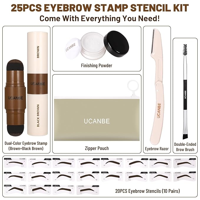 UCANBE 25PCS Eyebrow Stamp Stencil Kit With Dual-Color Eyebrow Stamp Pomade,20 Reusable Eyebrow Stencils,Finising Powder,Brush,Eyebrow Razor,Zipper Pouch,Waterproof Eye Brow Stamping and Shaping Kit05