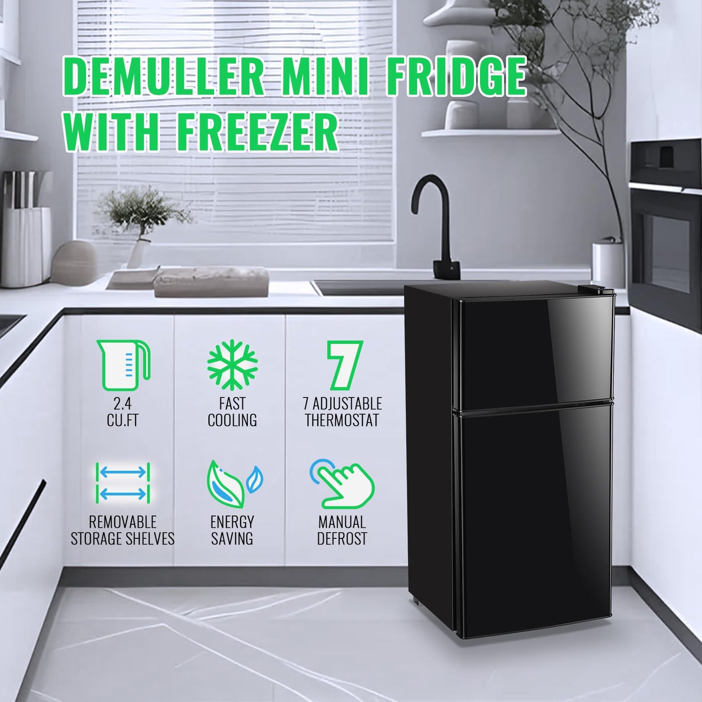 DEMULLER 2.4 Cu.Ft Mini Fridge with Freezer & Double Door Small Tiny Size Refrigerator with 7 Temperature Control Knob Only Suitable for One Person Use Black