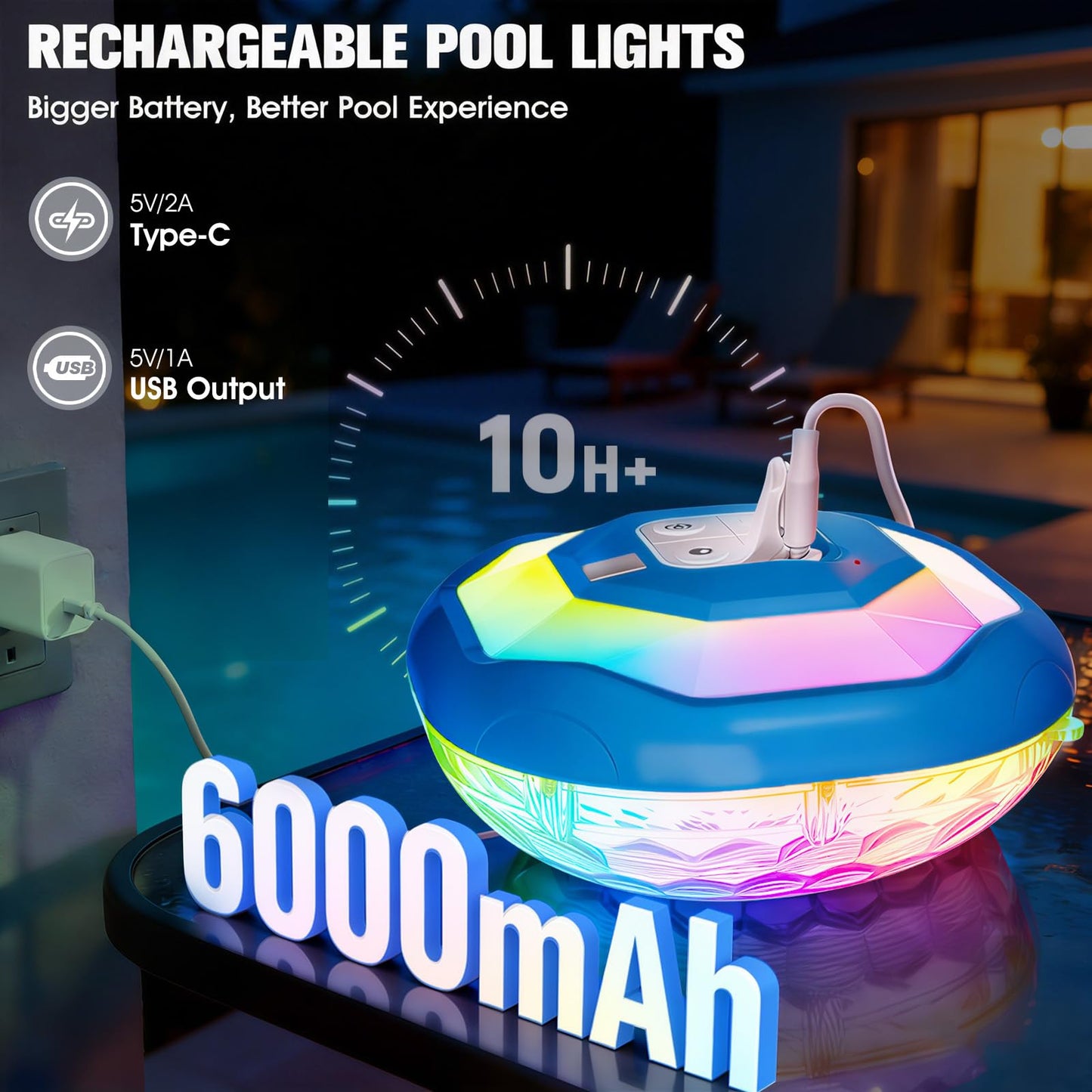 LightHacker Floating Pool Lights,Upgraded Pool Lights That Float,6000mAh Rechargeable Color Changing Pool Lights,IP68 Waterproof LED Lighting for Inground Above Ground Swimming Pools,Hot Tub,Party 1PC