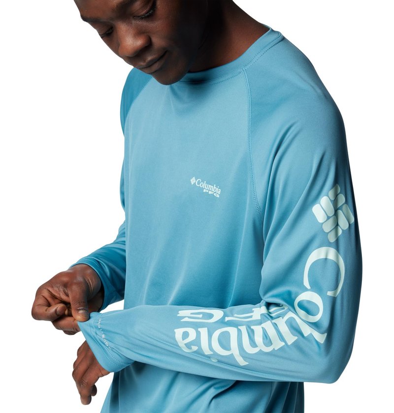 Columbia Men's Terminal Tackle Long Sleeve Fishing Shirt, Canyon Blue/ICY Morn Logo, 6X
