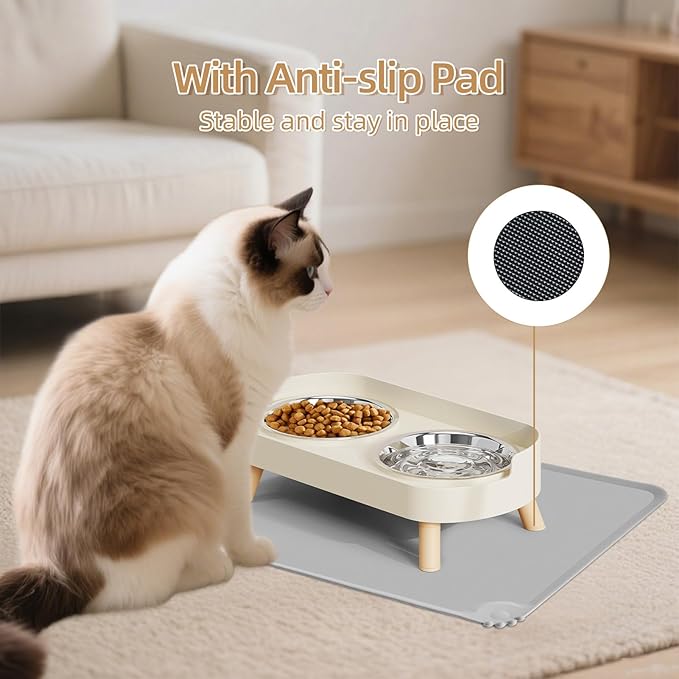 Elevated Cat Bowl with Food Mat, Raised Cat Food and Water Bowl Set for Indoor Cats, Splash Proof with 2 Stainless Steel Pet Food Bowls for Cats and Puppies,Whisker Fatigue and Dishwasher Safe (White)