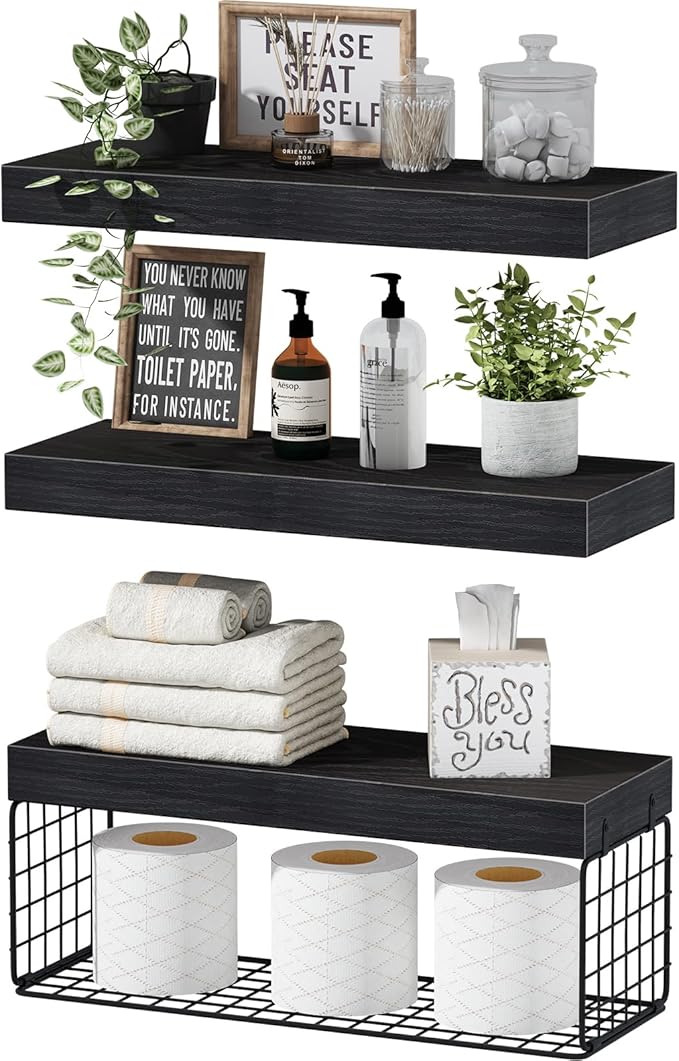 QEEIG Bathroom Shelves Over Toilet - Wall Mounted Floating Shelves Toilet Paper Storage Small Farmhouse Decor Shelf 16 inch Set of 3, Black (019-B3)