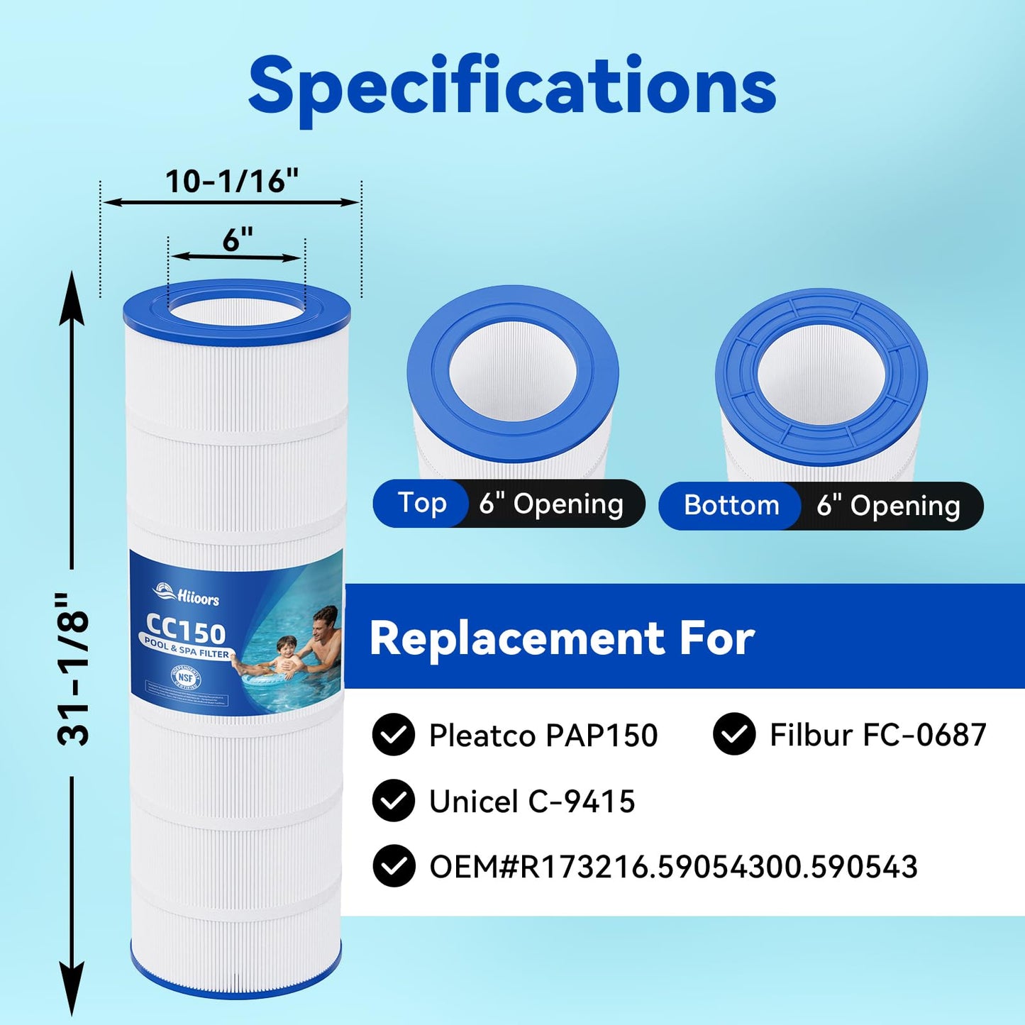 Hiioors CC150 Pool Filter Cartridge, Compatible with Pentair Clean & Clear 150, Replace Pentair R173216, Pleatco PAP150, Unicel C-9415, 150 sq.ft, Heavy Duty 5 oz+ Trilobal Fabric