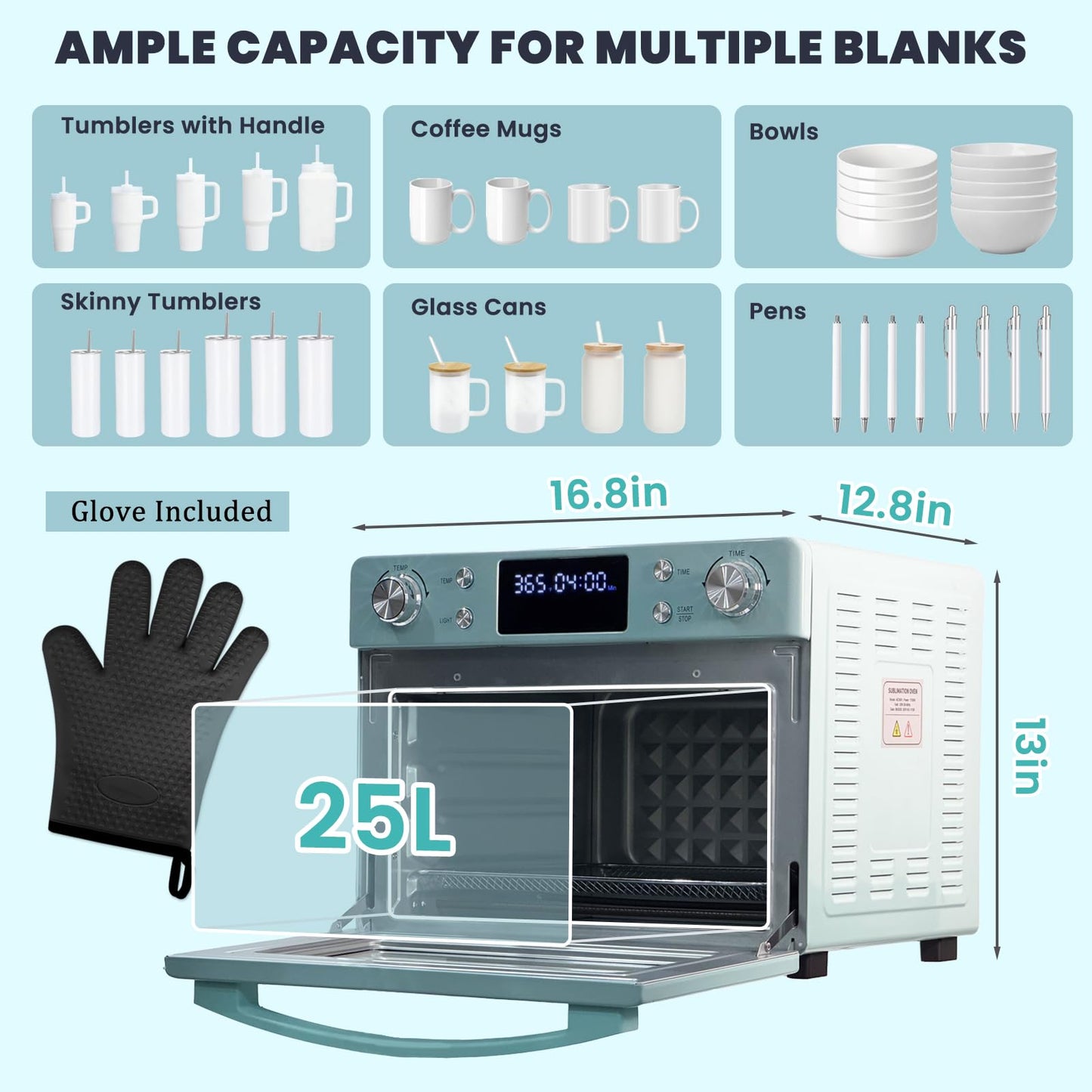 AceSubli Sublimation Oven Machine 25L 110V 1700W Blue with Digital Display, Large Capacity Convection Oven with LED Light for Sublimation Blanks Tumblers Mugs Cups Bottles Bulk Transfer with Glove
