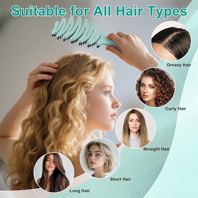 Boar and Nylon Bristle Hair Brush for Fine Hair - Ultimate Smoothing Vented Detangler Wet Brush for Women, A Great Gift, Aqua