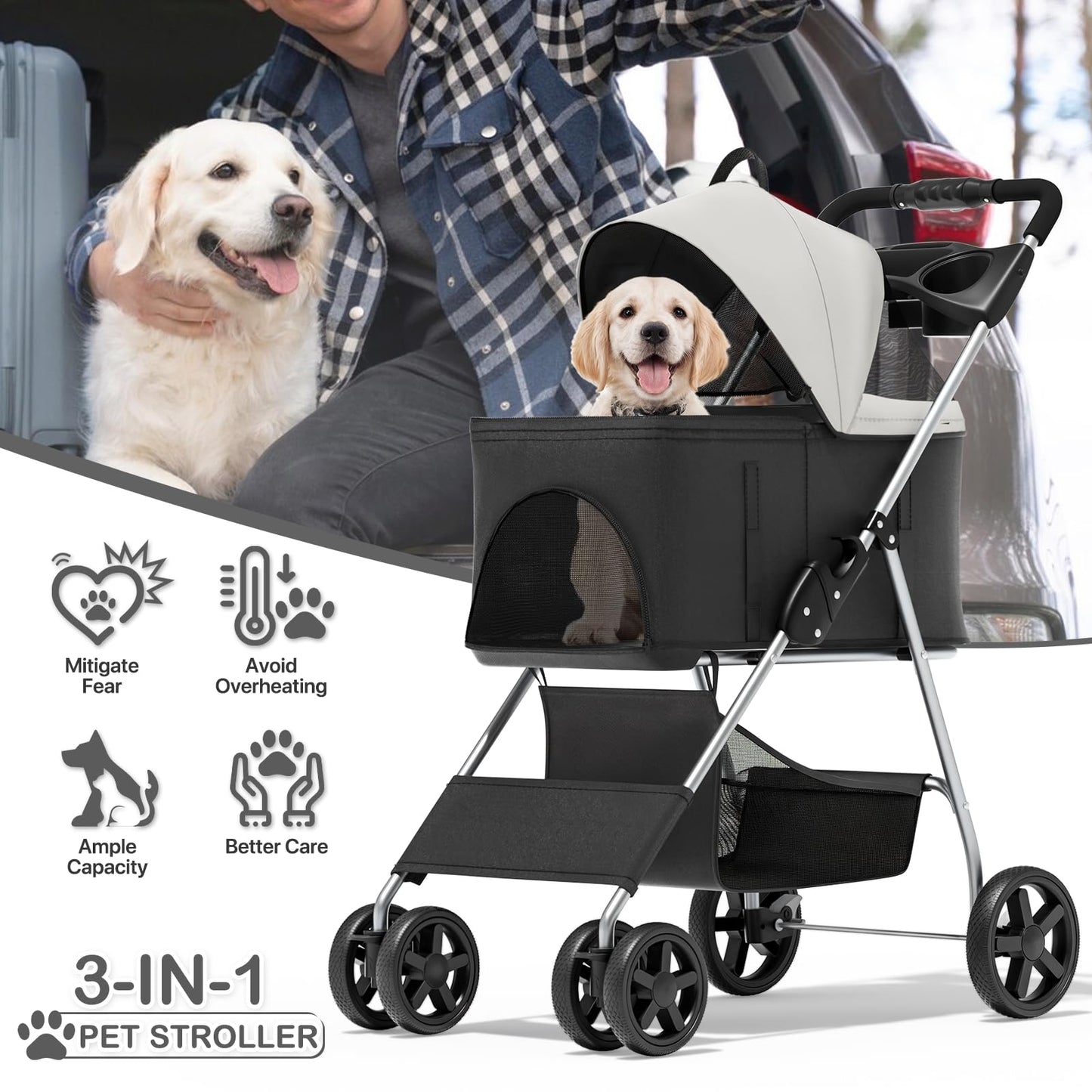 MoNiBloom 3 in 1 Foldable Pet Stroller for Small & Medium Dogs, Detachable Carrier, Car Seat, Push Button Entry, 4-Wheel Jogger for Pets up to 33 lbs, Black