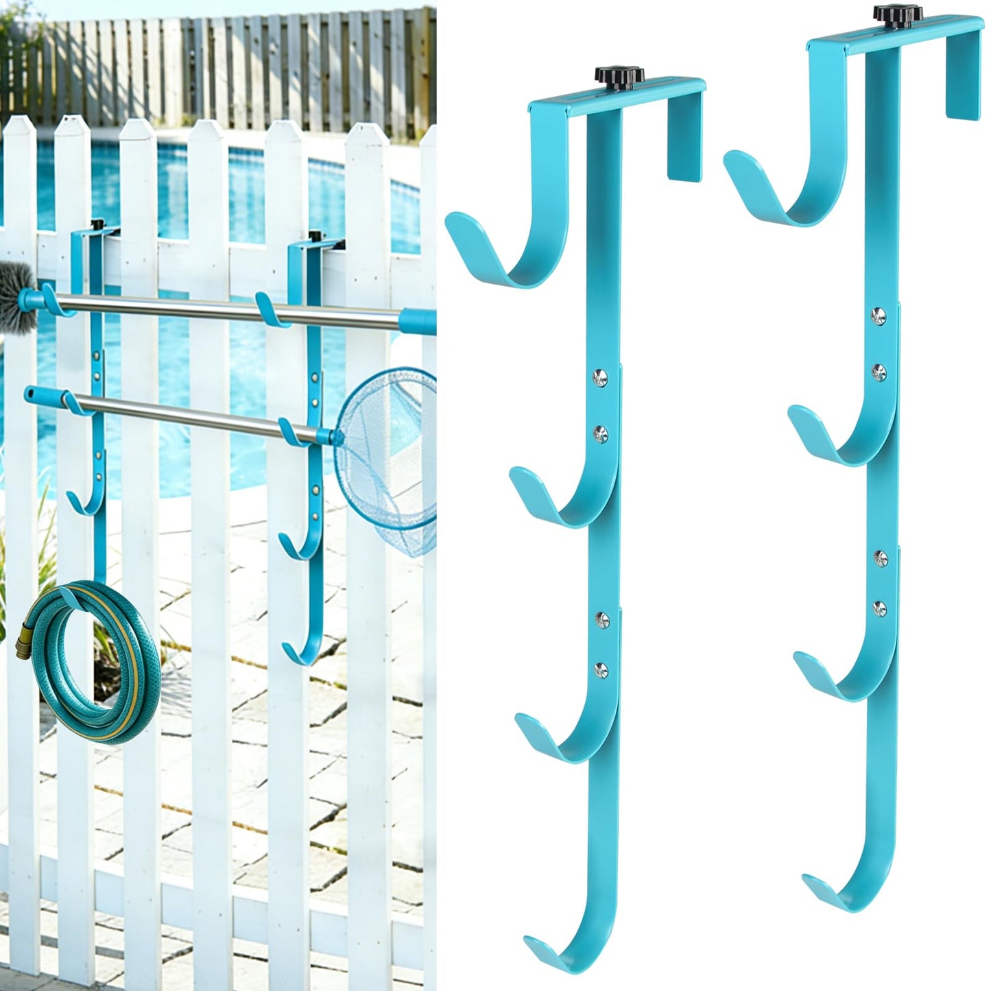 2Sets Blue Four Pool Pole Hooks Hangers, Adjustable Heavy Duty 4 Fence Hooks for Pool Poles Equipment, Pool Tool Holder for Telescopic Poles Skimmers Vacuum Hose Nets Brushes Swimming Pool Accessories