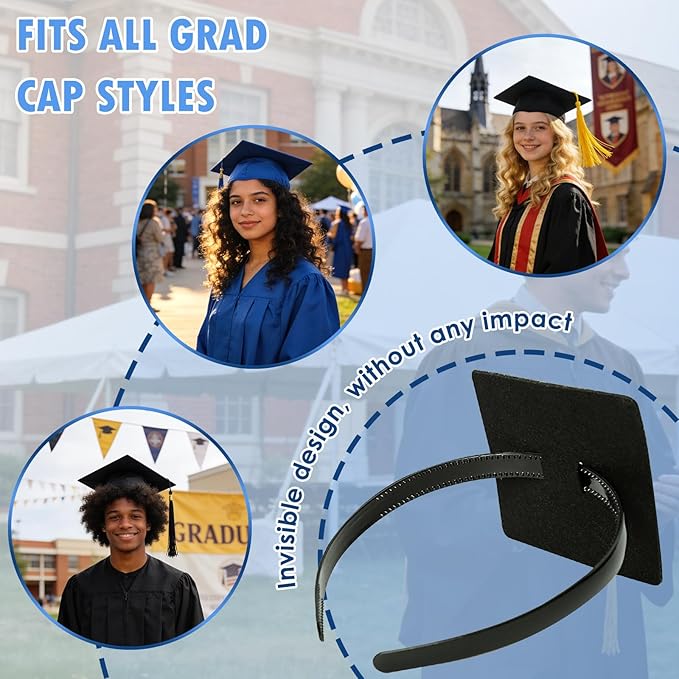 PUNCHMAN 2 Pack Graduation Cap Headband - Lightweight All-Day Comfort Grad Cap Headband Insert - Secure Grad Hat Holder for Curly/Thick Hair - Anti-Slip Removable Graduation Hair Accessories,Black