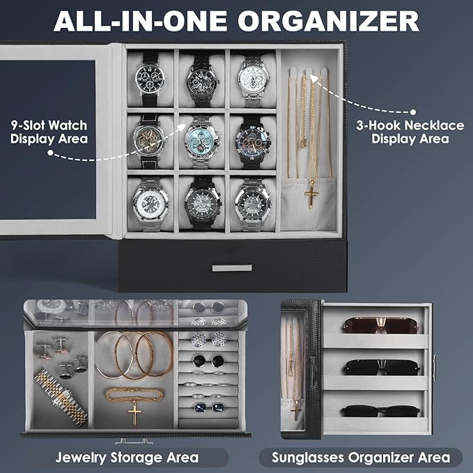 9-Slot Watch Display Case with Necklace Display, High End Men Jewelry Box w/ Drawer, Standing Watch Box for Men w/ Clear Lid, Watch Case for Sunglasses, Vertical Storage, Space Saving, Ideal Gift