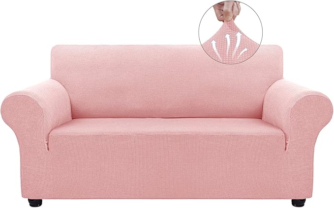 Asnomy Sofa Covers for 2 Cushion Couch Stretch loveseat Covers Slipcovers, Pet Protector Furniture Covers for Dogs Cats Spandex Jacquard Fabric Small Checks （Medium，Pink）