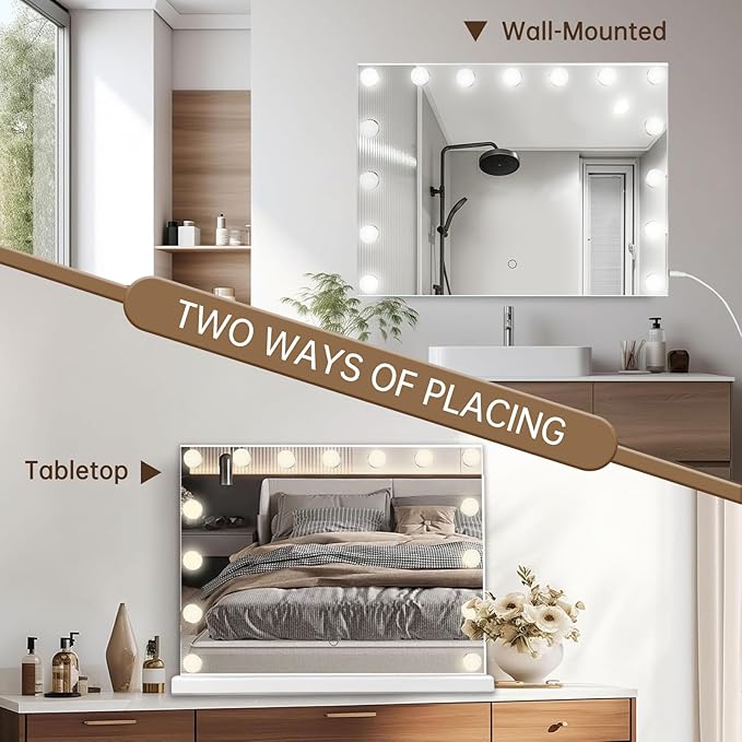 Hollywood Vanity Mirror with Lights, Lighted Makeup Mirror with 10x Magnification for Desk, Dimmable Led Bulbs, 3 Lighting Modes for College Dorm, Bedroom, Dressing Room (White)