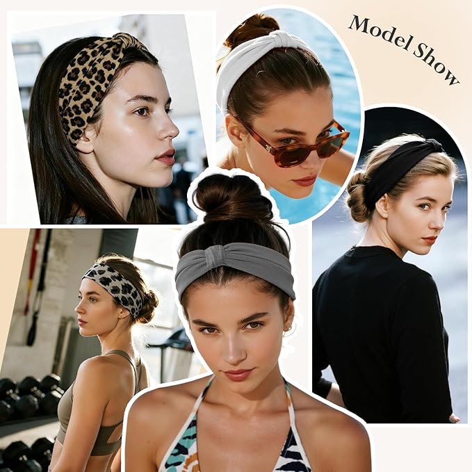 HSEM Knotted Headbands for Women 6-Pack – Wide Soft Elastic Non-Slip Hair Bands – Thick Stretchy Sweat Bands for Washing Face, Makeup, Workout, Running, Spa, Yoga, Fashion, Leopard Print