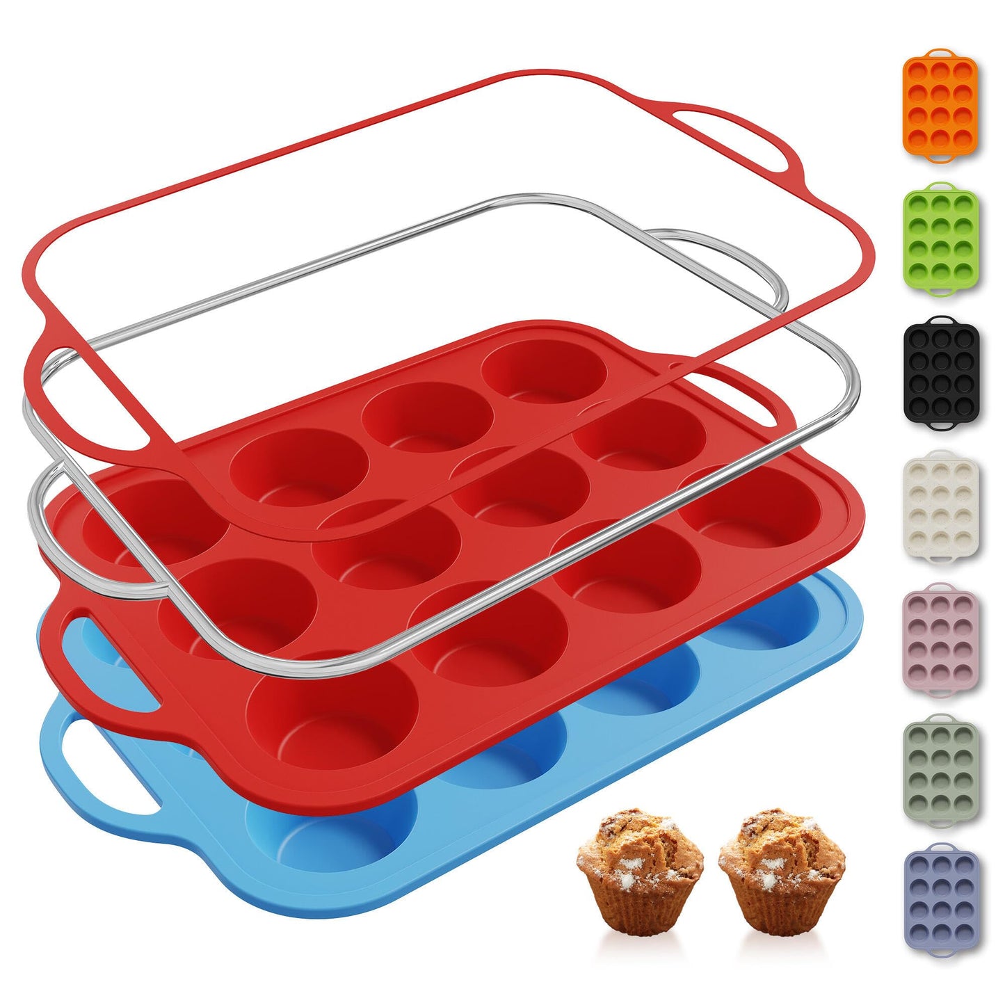2 Packs 12 Cups Silicone Muffin Pan with Metal Reinforced Frame Regular Size Cupcake Pan Tray Silicone Molds Muffin Tin Tart Pans Moldes Para Gelatinas De Figuras Grandes Individuales Hornear Pasteles