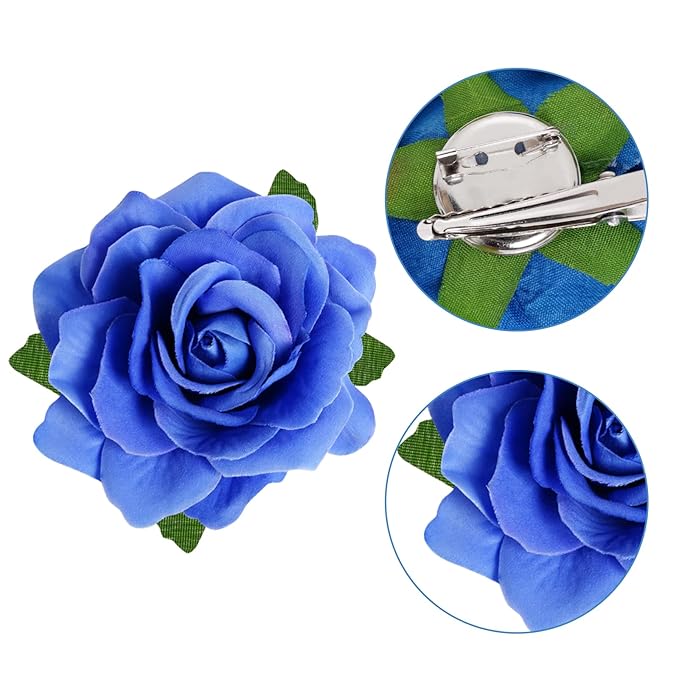 Rose Hair Clip Flower Hairpin Brooch Floral Clips, 4 Pcs Fabric Rose Flowers Hair Clips Mexican Hair Flowers Pin up Headpieces for Woman Girl Wedding Party Mother's Day (2 Sizes) (Blue)