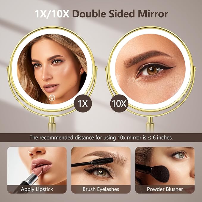 10X Large Rechargeable Height Adjustable Vanity Mirror, 1x/10x Magnifying Mirror with 3 Color, Brightness Adjustable, 360 Rotation Double Sided, Ideal Gift (Gold)