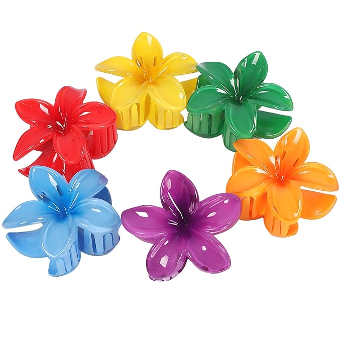 Flower Hair Clips for Women 6 Pcs Hawaiian Large Claw Clips Plumeria Medium Hair Claw Clips for Thick Thin Hair Hibiscus Tropical Beach Hair Accessories for Women Girls and Girls-Dark Color