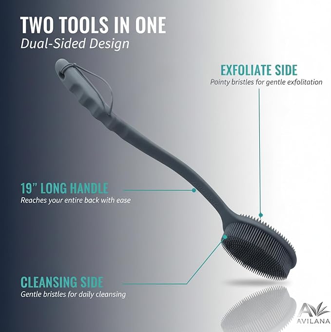 Avilana Premium Back Scrubber Long Handle 19 Inch - Trusted Since 2017 - SGS Certified Silicone Bath Brush, Dual Sided Exfoliating Body Brush Extended Reach Back Washer Women Men Seniors Gift