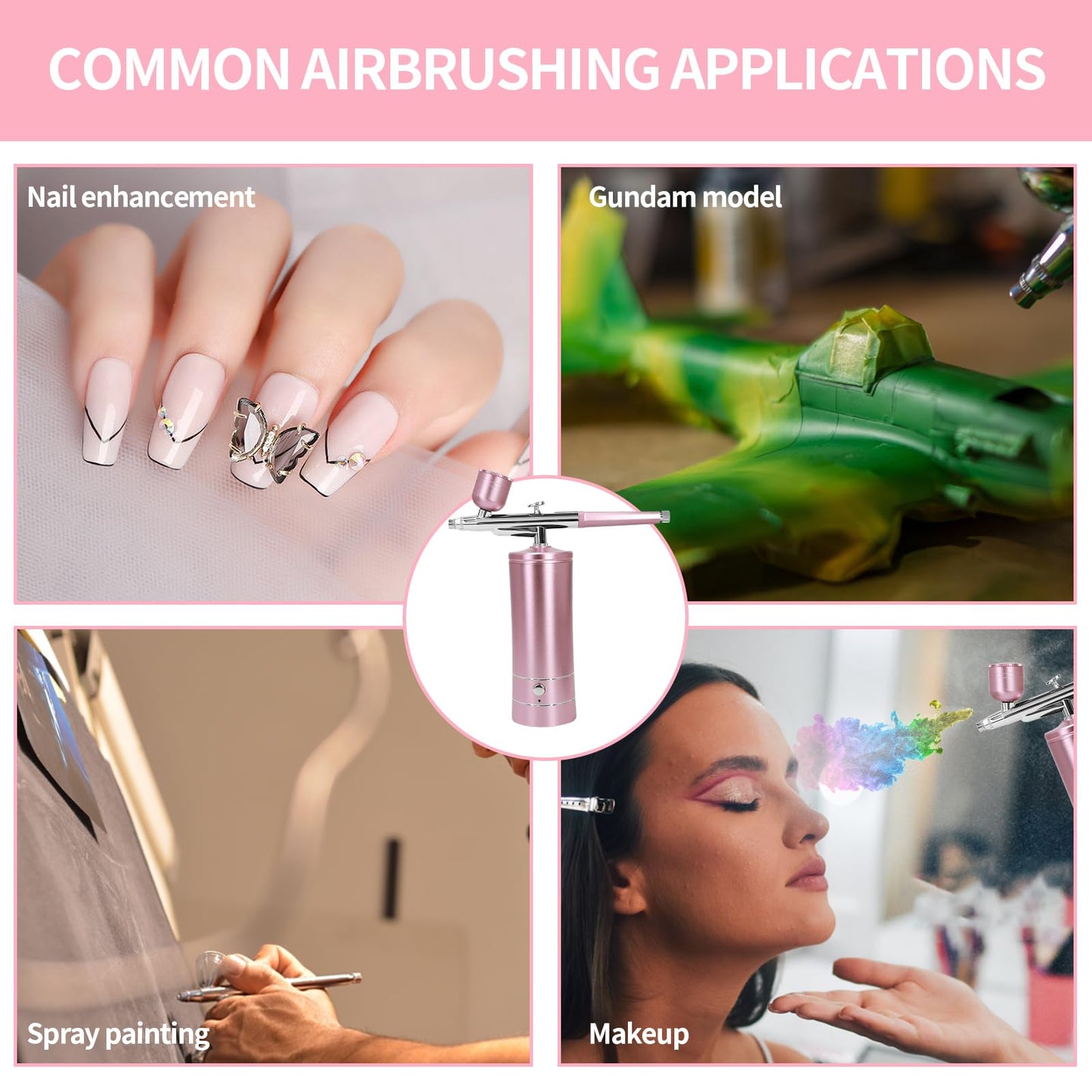 Airbrush Kit Air Brush Kit With Air Compressor Nail Charms Wireless Air Brush for Barber, Nail Art,Makeup, Model Painting (Pink)