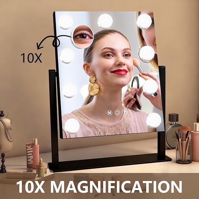 Black Hollywood Vanity Mirror with Lights, 9 Dimmable Bulbs, 3 Color Lights,Make Up Lighted Mirror, 10x Magnification 360°Rotation(12" x 14")