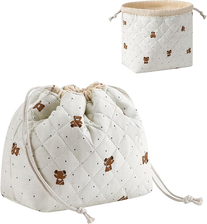 Cotton Quilted Drawstring Makeup Bag with Canvas Lining,Coquette Aesthetic Cute Travel Toiletry Bag,Drawstring Gift Bag for Women and Girls（15Dot Bear）