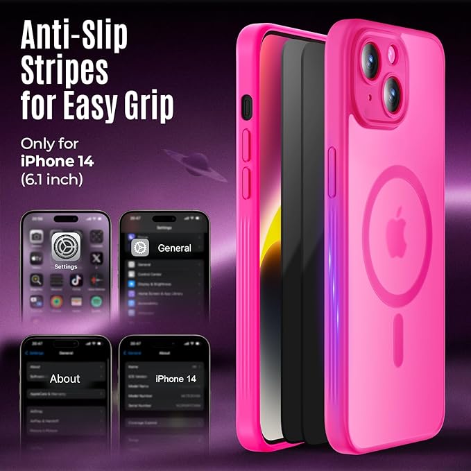 Designed for iPhone 14 Case, Compatible with MagSafe, with Privacy Screen Protectors X2, [Camera Protection] [15FT Military Drop Protection] Shockproof Phone Case, 6.1", Hot Pink