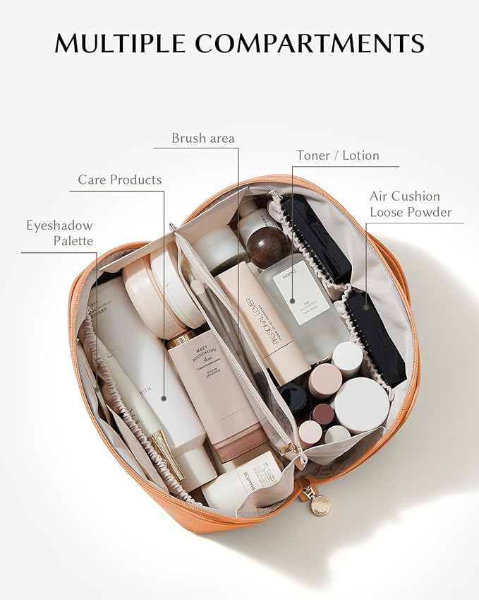 EACHY Travel Makeup Bag, Large Capacity Cosmetic Bag for Women, Waterproof PU Leather, Flat Open Portable Toiletry Bag for Skincare, Brushes & Travel Essentials