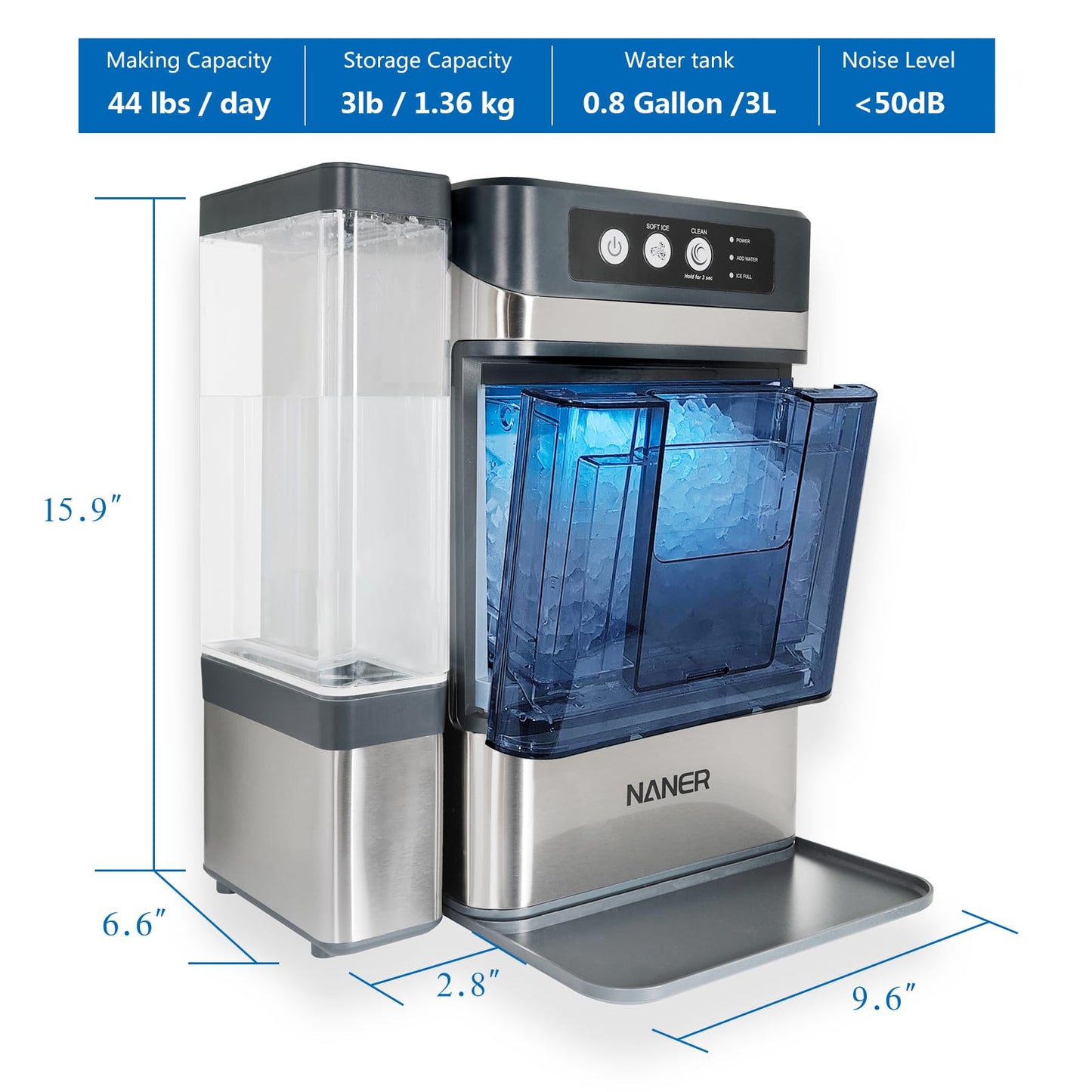 Naner Nugget Ice Makers Countertop 42lbs/Day Large Capacity One-Click Operation Self-Cleaning Portable Ice Maker with A Detachable 3L Water Tank Scoop Included Ice Machine for Home/Kitchen/Office