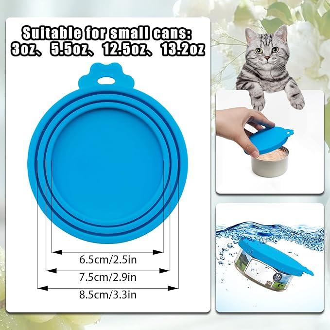 PINE & LINEN 4 Pcs Durable Pet Can Lids,One fit 3 Standard Size Silicone Waterproof Cat Food Cans Lids for 3oz/5.5oz/12.5oz/13.2oz Cat Food Cans（Sky Blue）