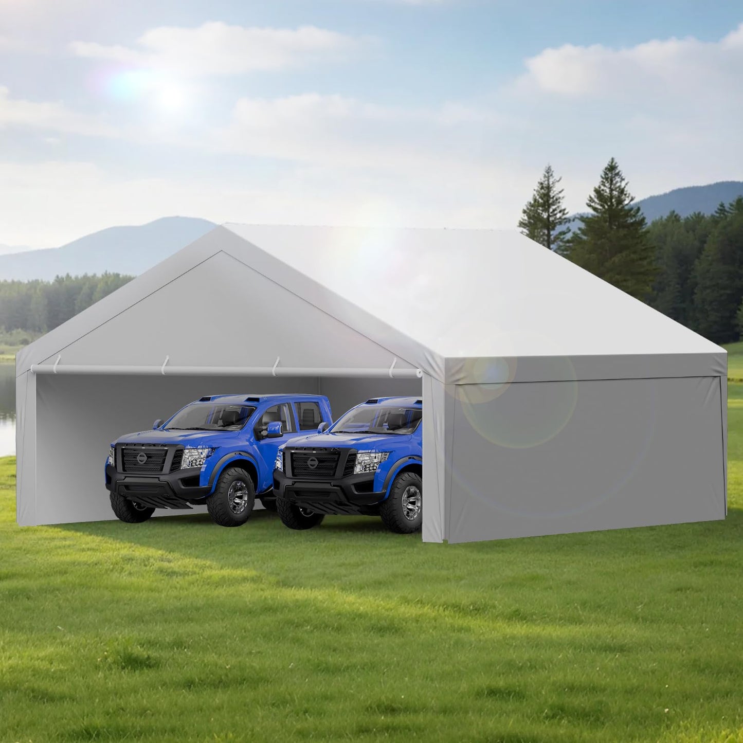 VEVOR Carport Replacement Canopy Cover, 20 x 20 ft Potable Garage Tent Top Tarp with Sidewalls, UV-Resistant & Waterproof, Heavy Duty Car Shelter Tarp with Ball Buggees, Grey, Frame Not Included