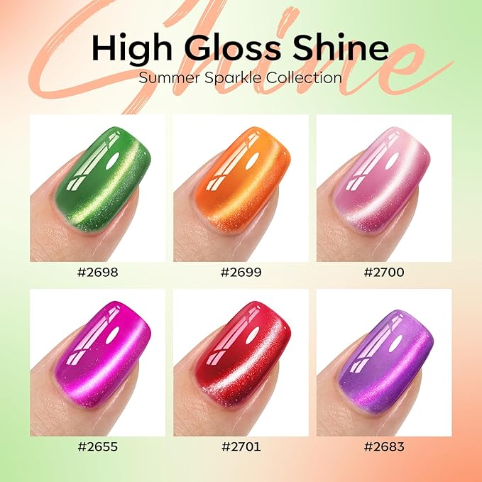 modelones Cat Eye Gel Nail Polish Set, 6 Colors Orange Neon Galaxy Hot Pink Grape Purple Red Green 9D Cat Eye Glitter Gel Polish with Magnet LGBT Fruit Theme Soak Off Led DIY Gift Unisex