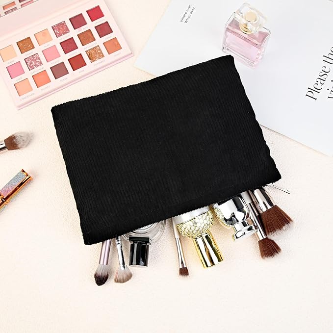 SOIDRAM 2 Pcs Corduroy Makeup Bag Large Cosmetic Bag Toiletry Bag Makeup Pouch Travel Bag Organizer Cute Makeup Brushes Aesthetic Accessories Storage Bag for Women Black