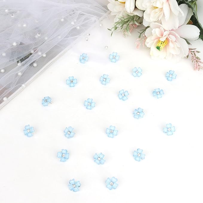YISSION 20 Pcs Mini Blue Flower Hair Clips with Rhinestone Cute Hair Pins Decorative Hair Clips Wedding Hair Barrettes Bridal Hair Accessories for Girls Women