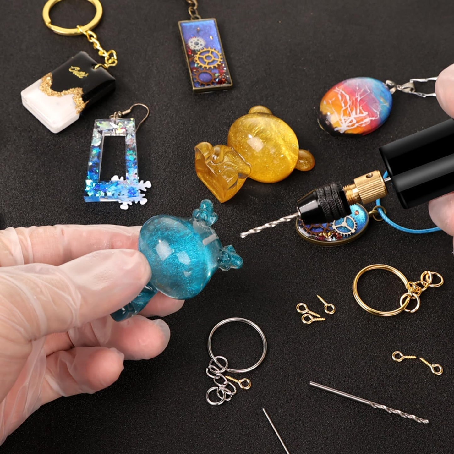 LET'S RESIN Electric Drill, 74Pcs Mini Drill with 3-Jaw Clamp-Applicable to A Larger Drilling Range (0-3mm), Keychain Making Kit, Jewelry Making Kit, Electric Hand Drill for Jewelry, Resin, Plastic