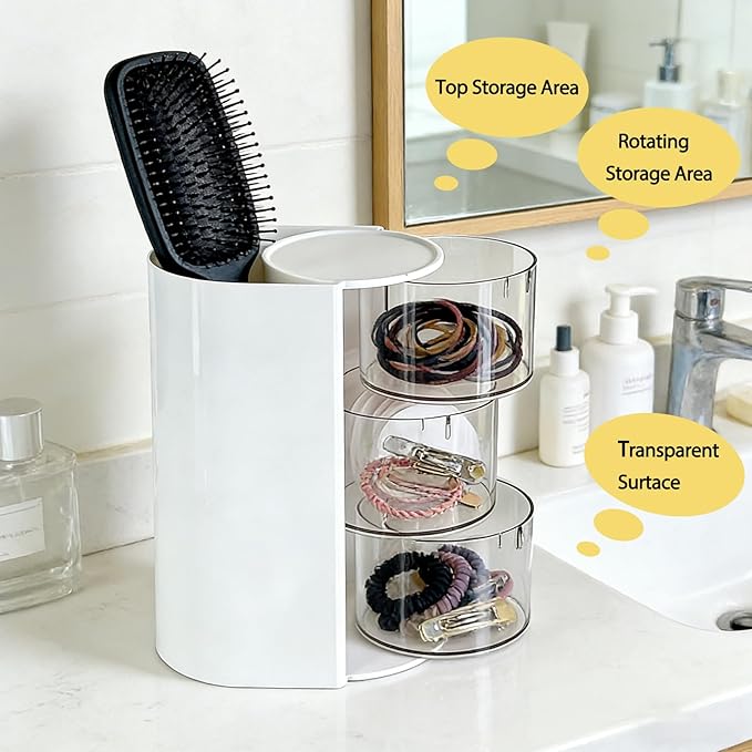 Hair Accessories Organizer for with Hair Brush Holder, Divided Rotatable Makeup Easy Organization of Hair Clips, Rings, Earrings, Makeup Brushes, Hair Clip and Hair Accessories (White, 3-Layer)