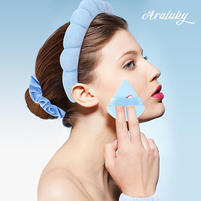 7Pcs Spa Set - Puffy Headband, Wristbands, Powder Puffs, Makeup Removal Terry Cloth Headband - Blue