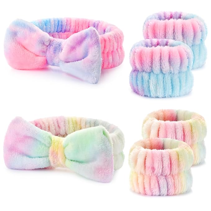 6PCS Spa Headband and Wristband Set for Face Washing, Soft Microfiber Skincare Hairband with Bow, Soft Absorbent Wrist Towels for Women Girls, For Makeup, Facial, Shower, Yoga