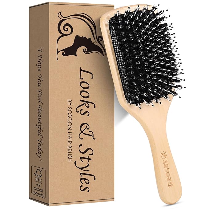 Hair Brush, Sosoon Boar Bristle Paddle Hairbrush for Long Short Thick Thin Curly Straight Wavy Dry Hair for Men Women Kids, No More Tangle, Giftbox & Tail Comb Included