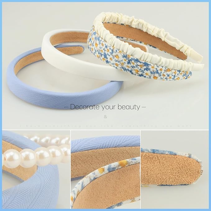 Fashion Headbands Set, 6pcs Pearl Floral Padded Wide Vintage Headbands for Women and Girls (Blue)