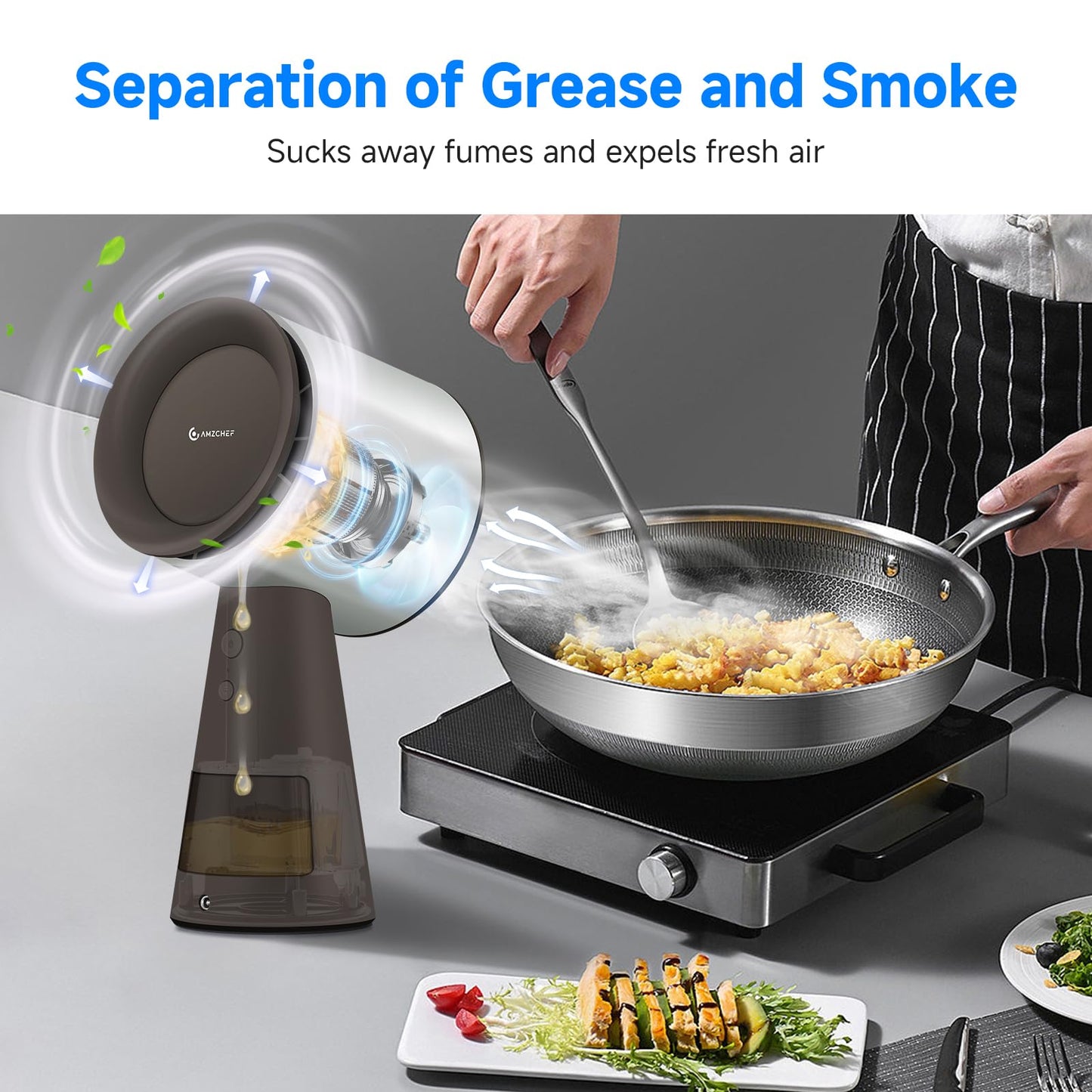 AMZCHEF Desktop Range Hood 3 Speed Exhaust Fan with Low-Noise Operation, Large Removable Oil Cup & Detachable Aluminum Filter - Ideal for Small Kitchens, Indoor BBQ & Hot Pot