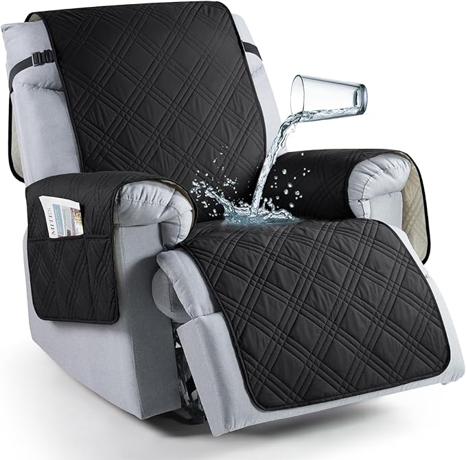 TAOCOCO Waterproof Recliner Chair Covers 30 Inch Wide, Oversized Recliner Covers for Recliner Chair with Pocket, Recliner Slipcovers with Straps Furniture Protector for Kids Pets (30'', Black)