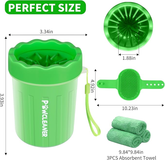 Professional 7 in 1 Dog Paw Cleaner for Dogs & Cats - Includes 1 Portable Paw Washer, 1 Bath Brush, 2 Dog Toothbrushes and 3 Absorbent Towels Note: Fits Paws up to 2 Inches Wide (Small, Green)