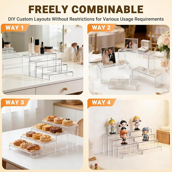 FUNFERY Acrylic Display Risers, 2 Set(7.8" L~8.2" L~8.6" L~9Ã¢ÂÂL) Display Shelf for Figure, Collectibles, Cupcake, Clear Acrylic Stands for Dessert, Jewelry, Candy Showcase, 4 Tier Action Figure Stand