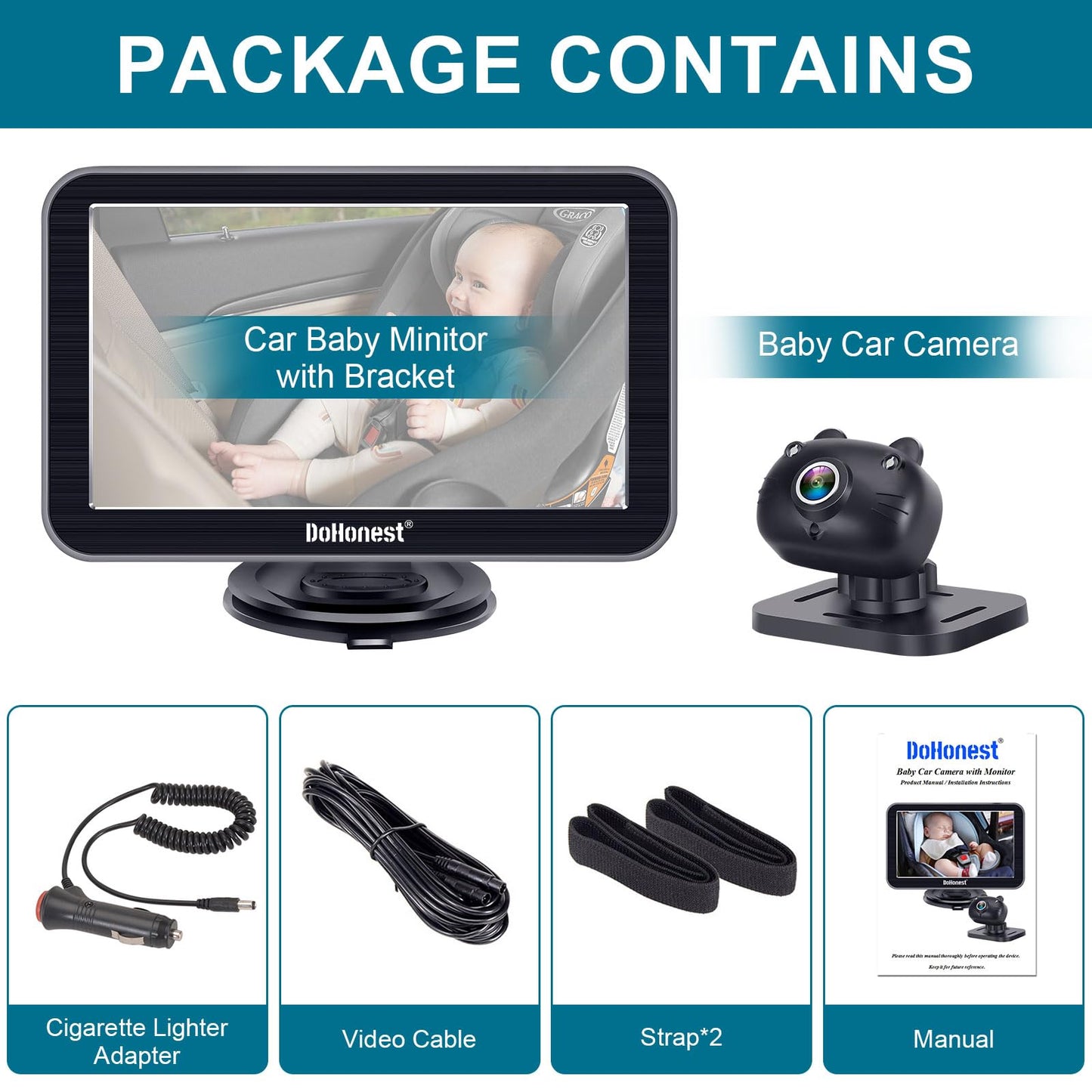 DoHonest Baby Car Camera 7-Inch: USB Plug and Play Easy Setup 360 Degree Rotating Backseat Camera Two Kids HD 1080P Rear Facing Car Seat Cameras Clear Night Vision -V9