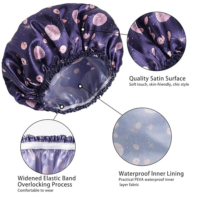 4 PCS Shower Cap for Women, Elastic and Reusable Bath Caps, Double Layers Shower Caps Reusable Waterproof, Bathing Shower Caps, Environmental Bath Hair Protection Cap - Ginkgo Leaf